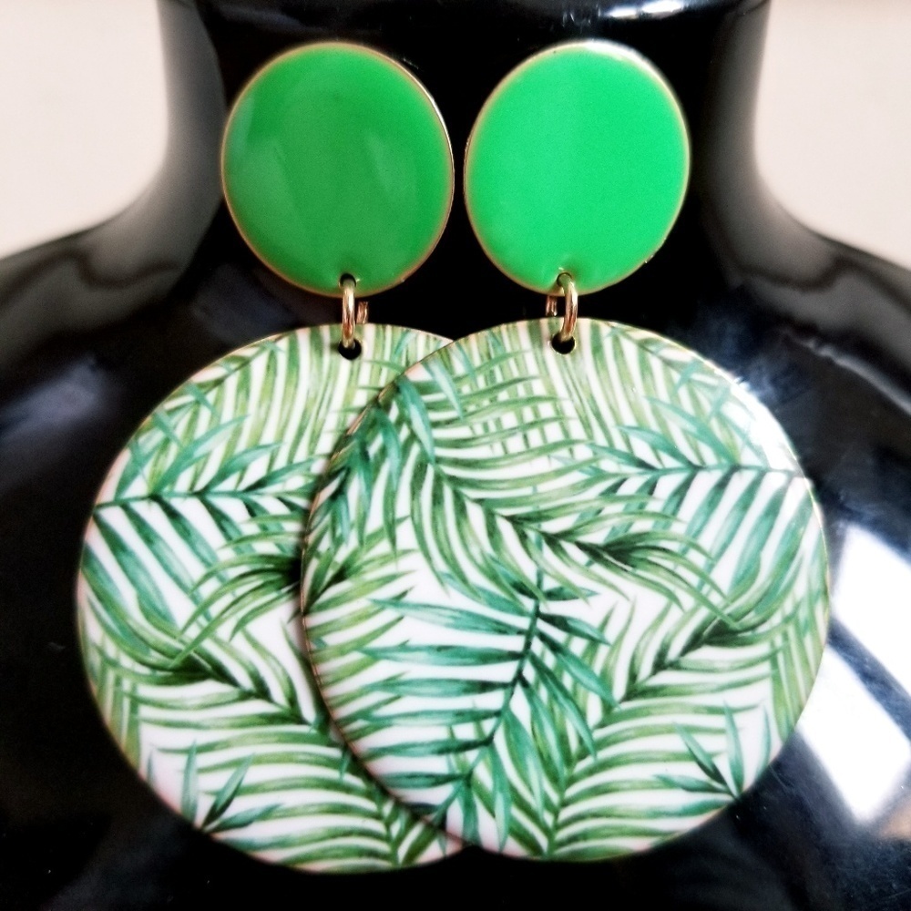 Tropical Palm Frond Green Disk Earrings
